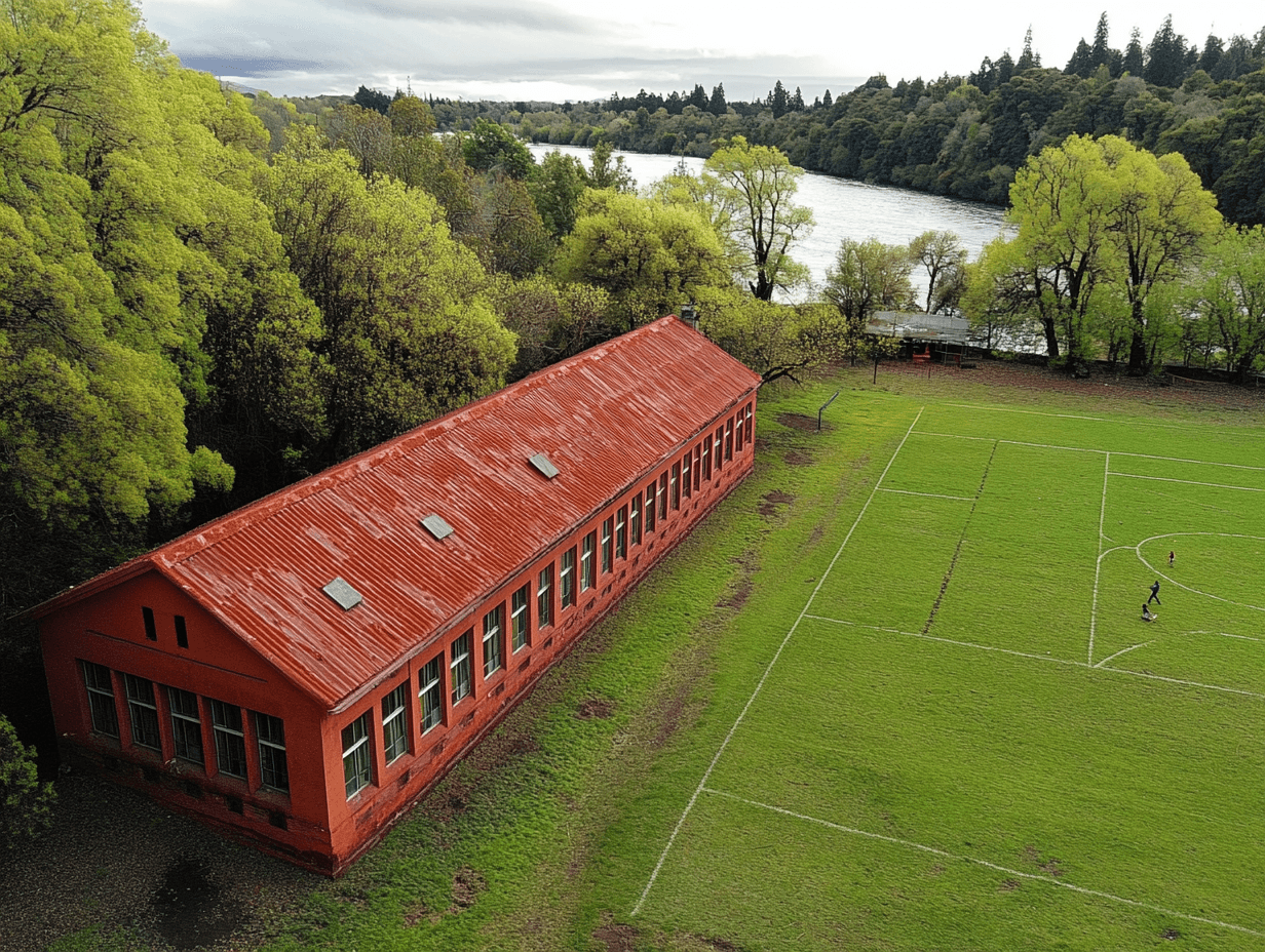 Vista aérea de establecimientos escolares en Aysén, Chile