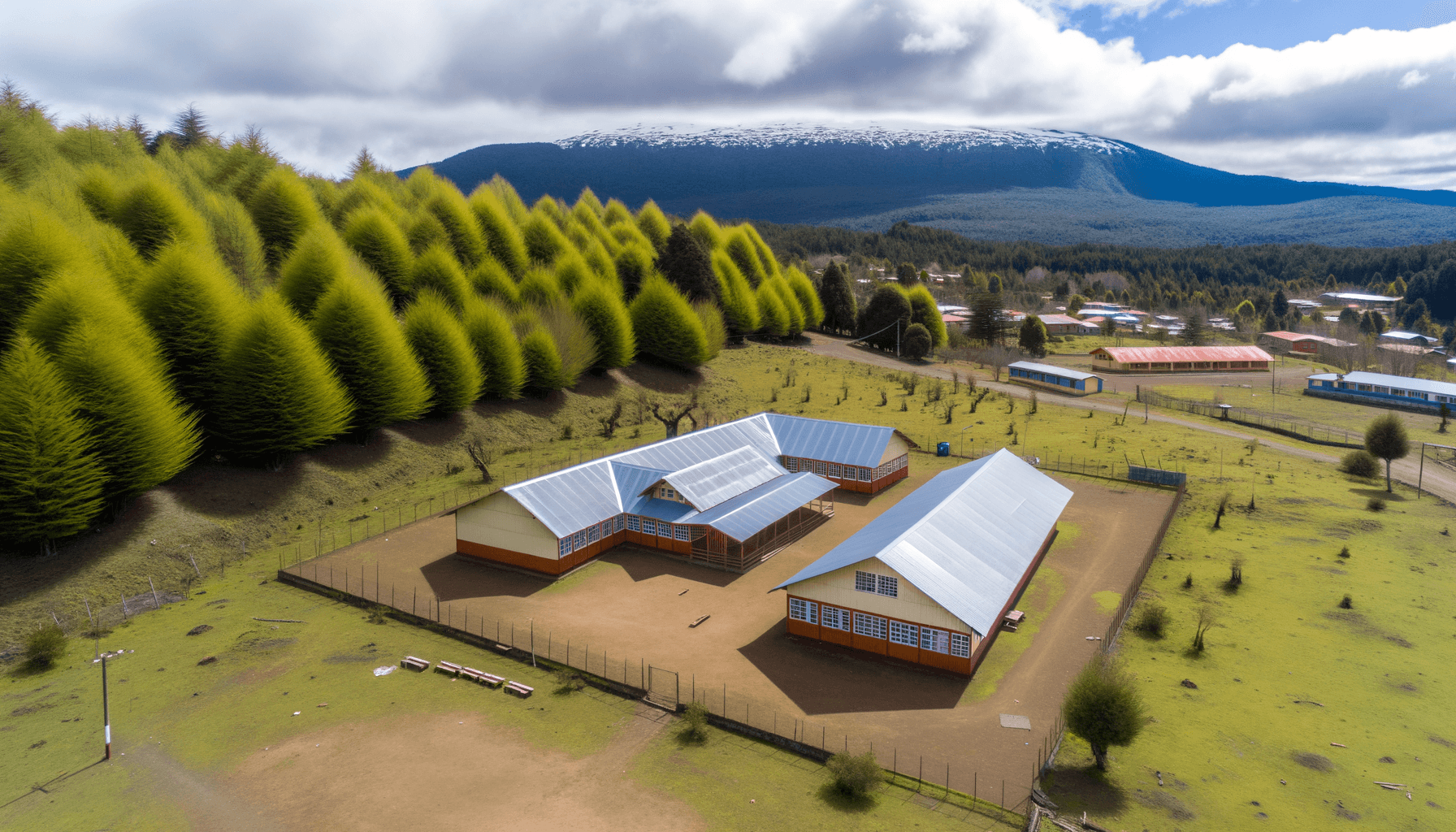 Vista aérea de establecimientos escolares en Antuco, Chile