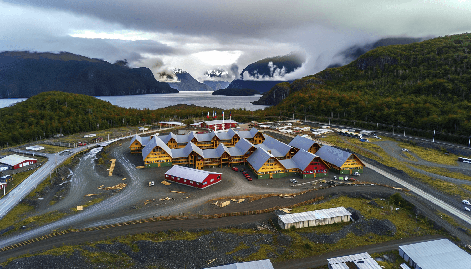 Vista aérea de establecimientos escolares en Aysén, Chile