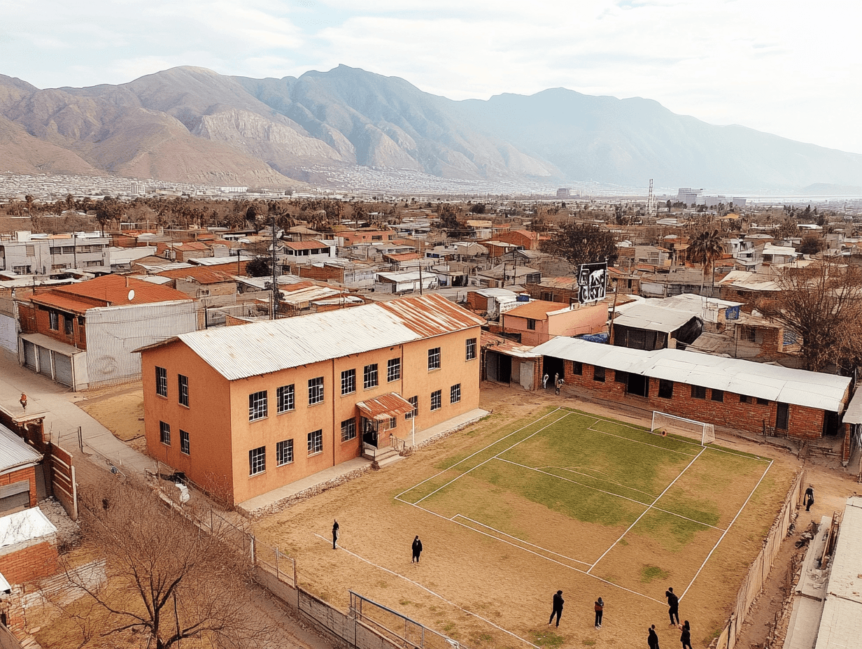 Vista aérea de establecimientos escolares en Cunco, Chile
