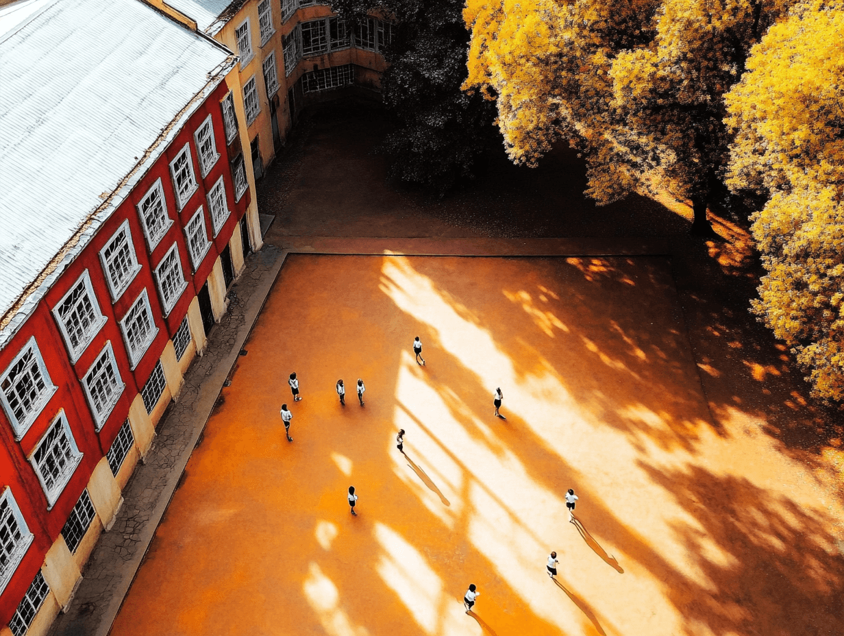 Vista aérea de establecimientos escolares en Hualqui, Chile