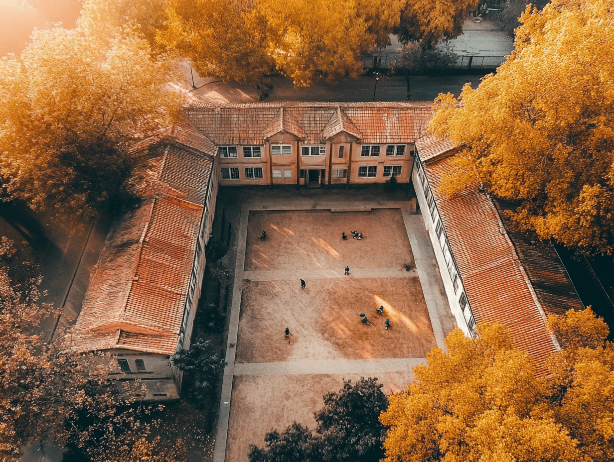 Vista aérea de establecimientos escolares en Huechuraba, Chile