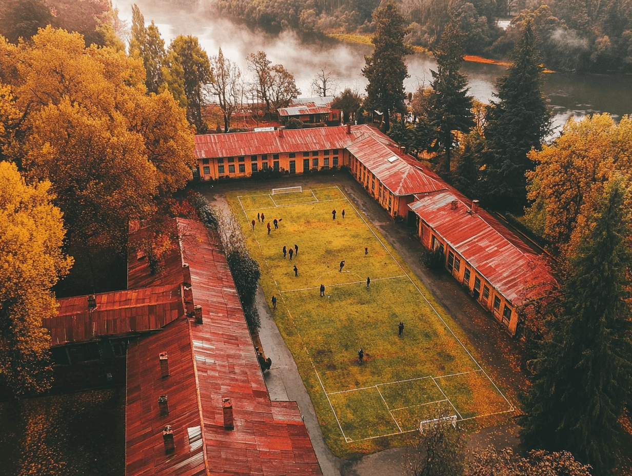 Vista aérea de establecimientos escolares en Los Lagos, Chile