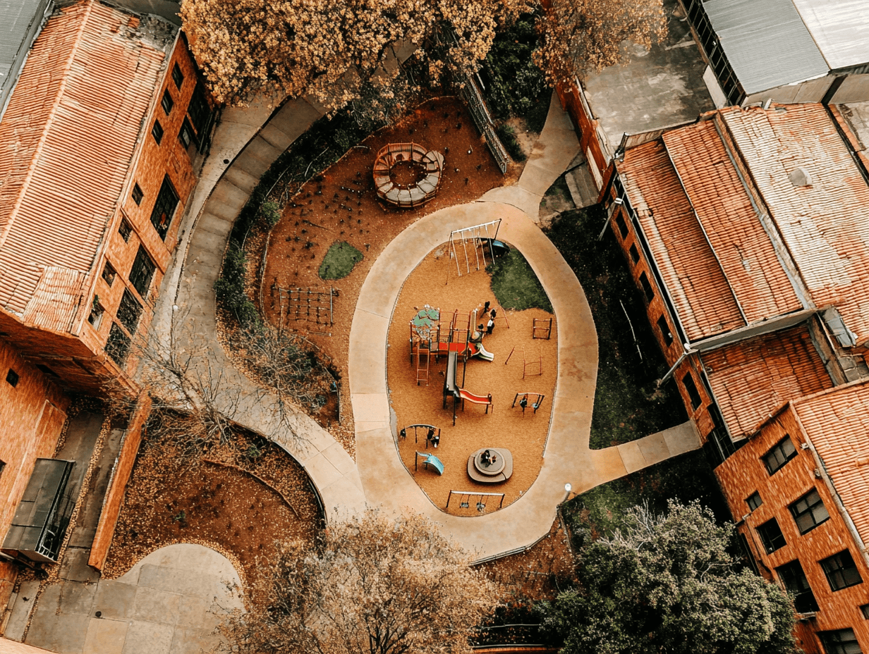 Vista aérea de establecimientos escolares en Puente Alto, Chile