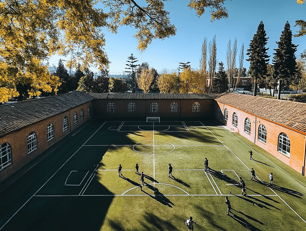 Vista aérea de establecimientos escolares en San Miguel, Chile