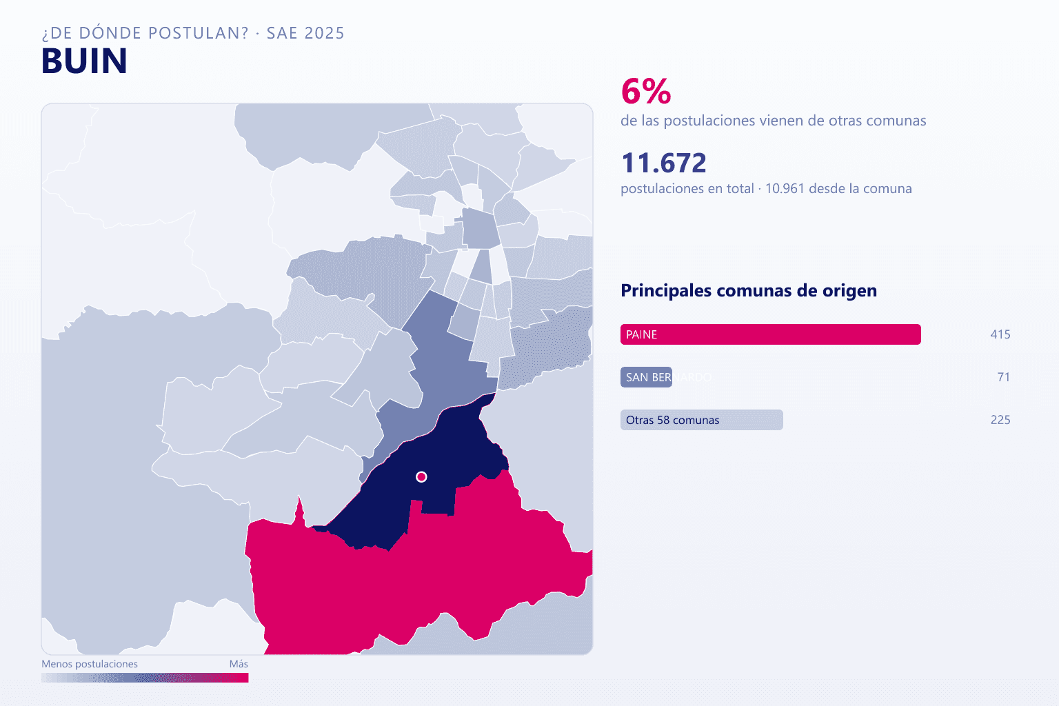 Mapa del origen de las postulaciones que llegan a los colegios de Buin en el SAE