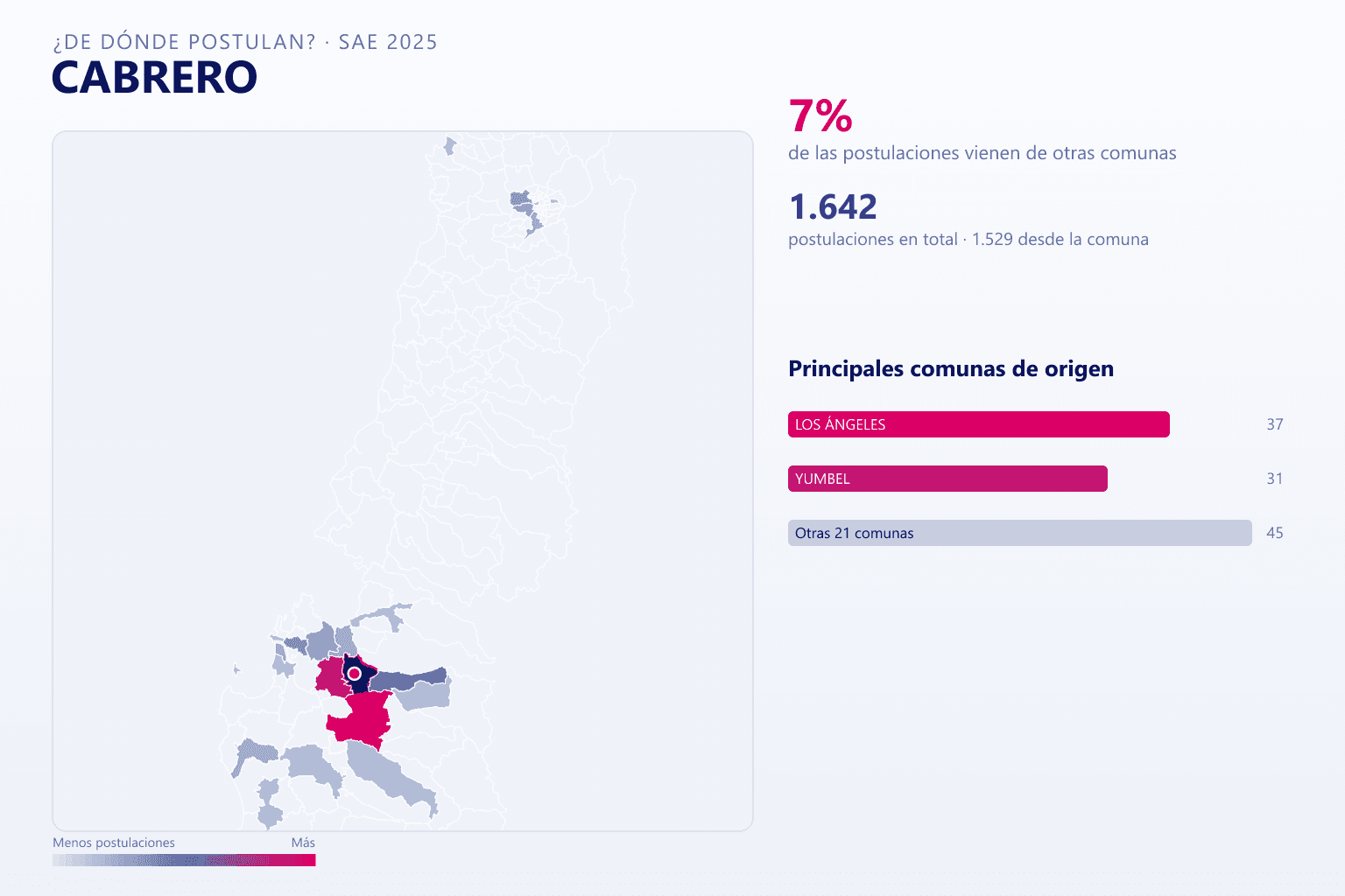 Mapa del origen de las postulaciones que llegan a Cabrero en el SAE
