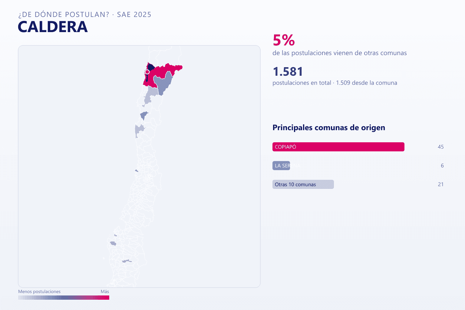 Mapa del origen de las postulaciones que llegan a los colegios de Caldera en el SAE