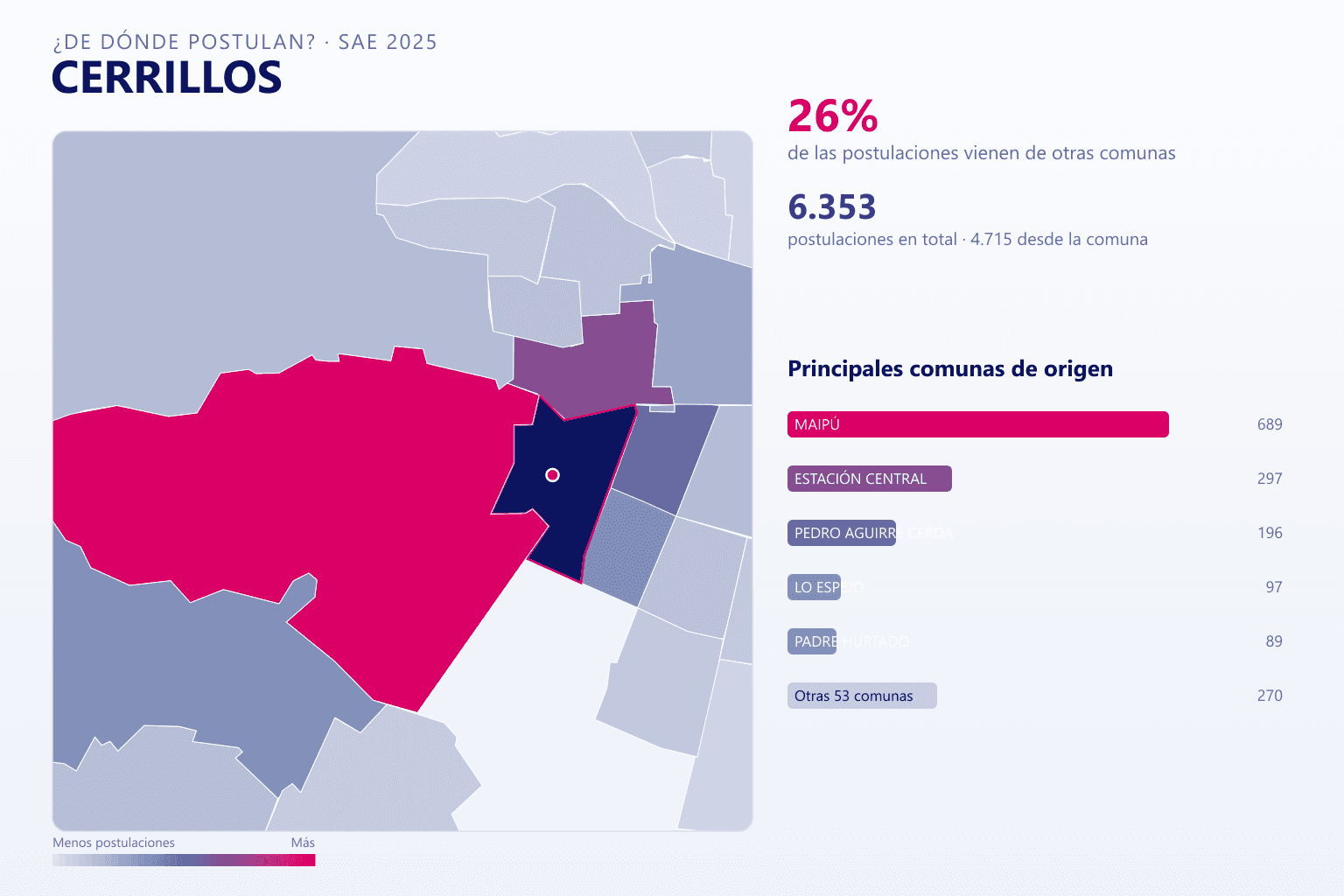 Mapa del origen de las postulaciones que llegan a Cerrillos en el SAE