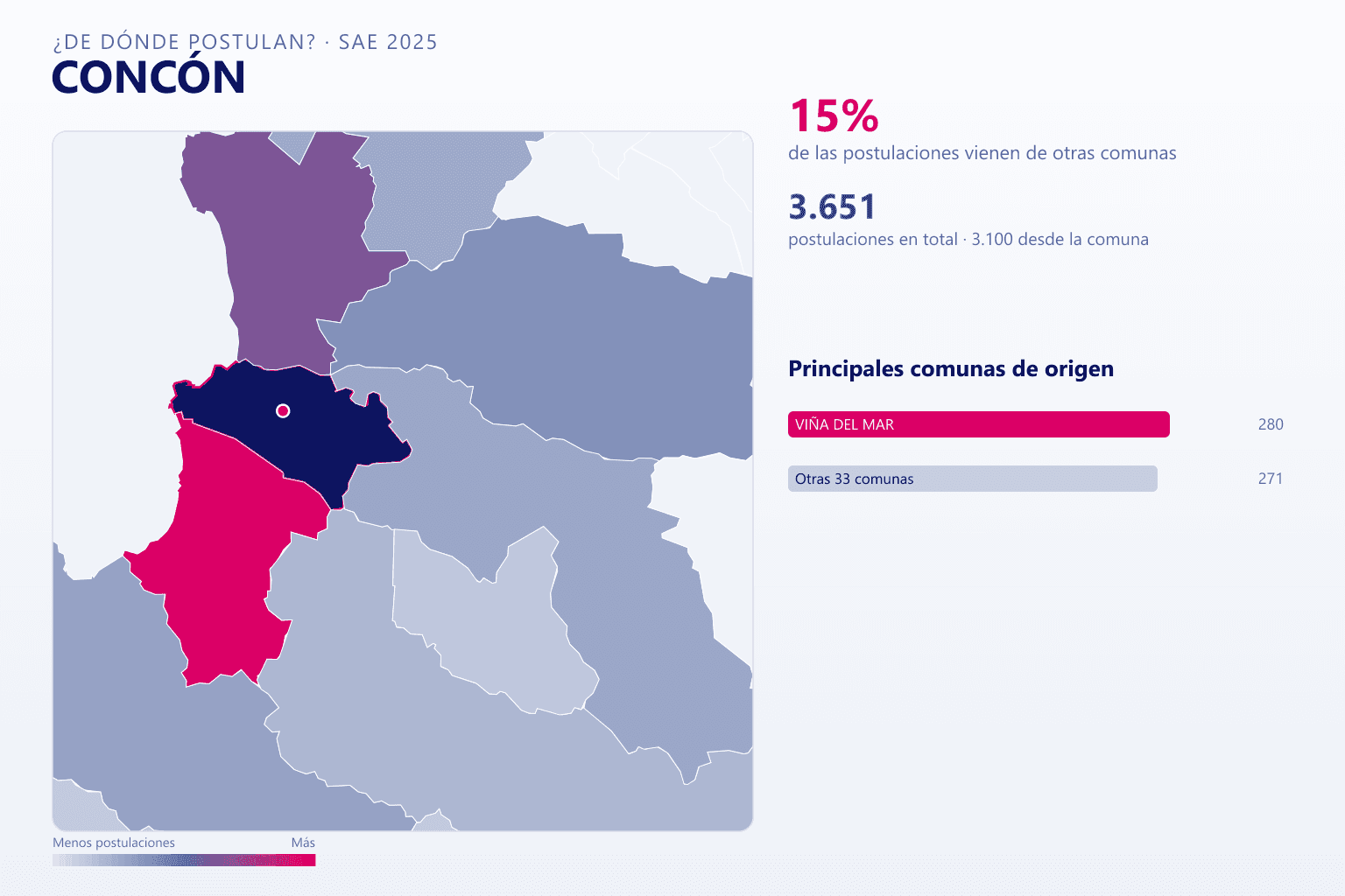 Mapa del origen de las postulaciones que llegan a los colegios de Concón en el SAE