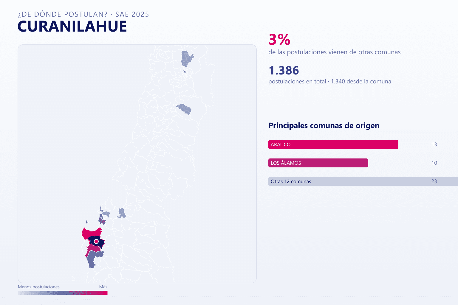Mapa del origen de las postulaciones que llegan a Curanilahue en el SAE