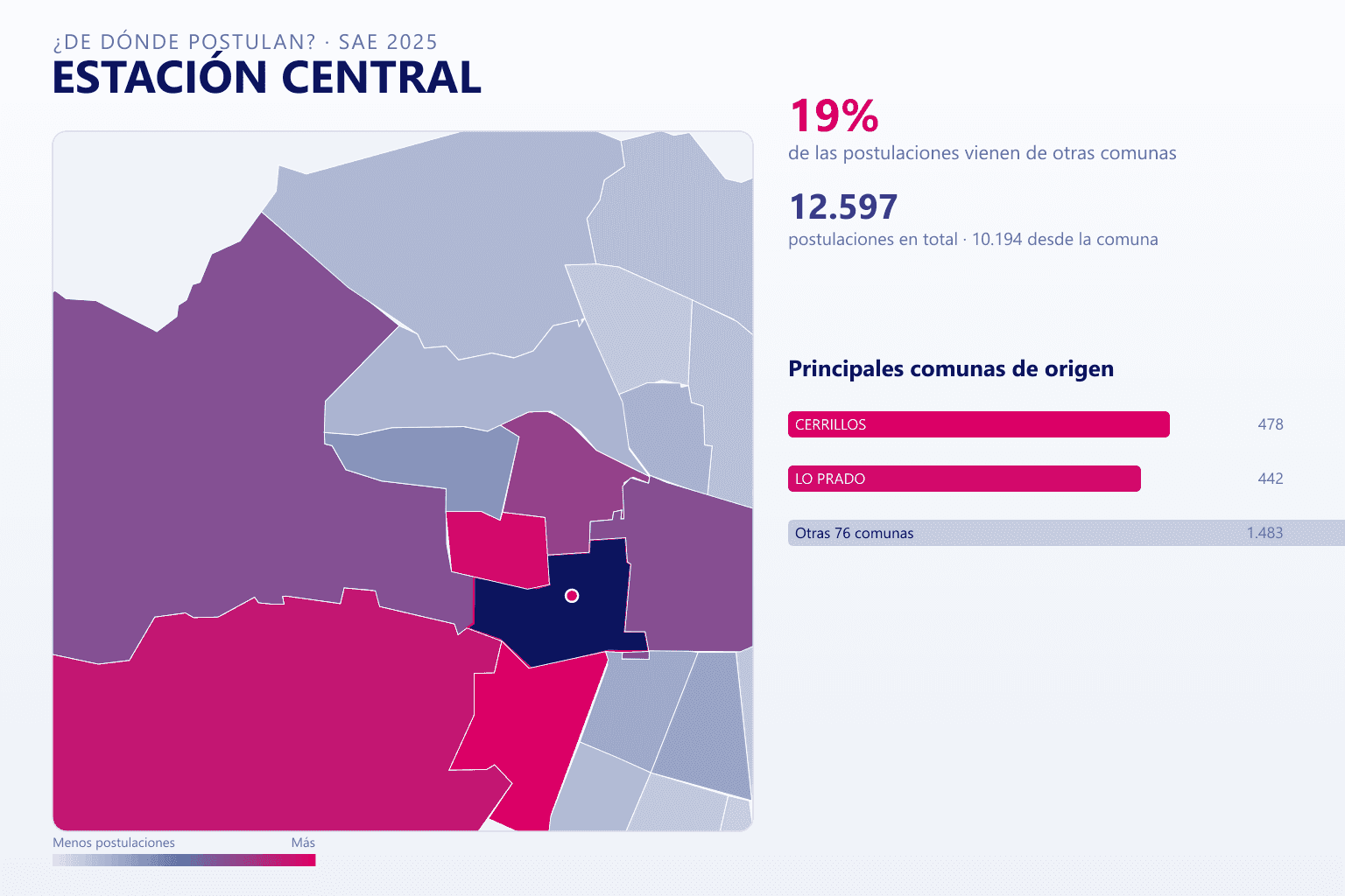 Mapa del origen de las postulaciones que llegan a los colegios de Estación Central en el SAE