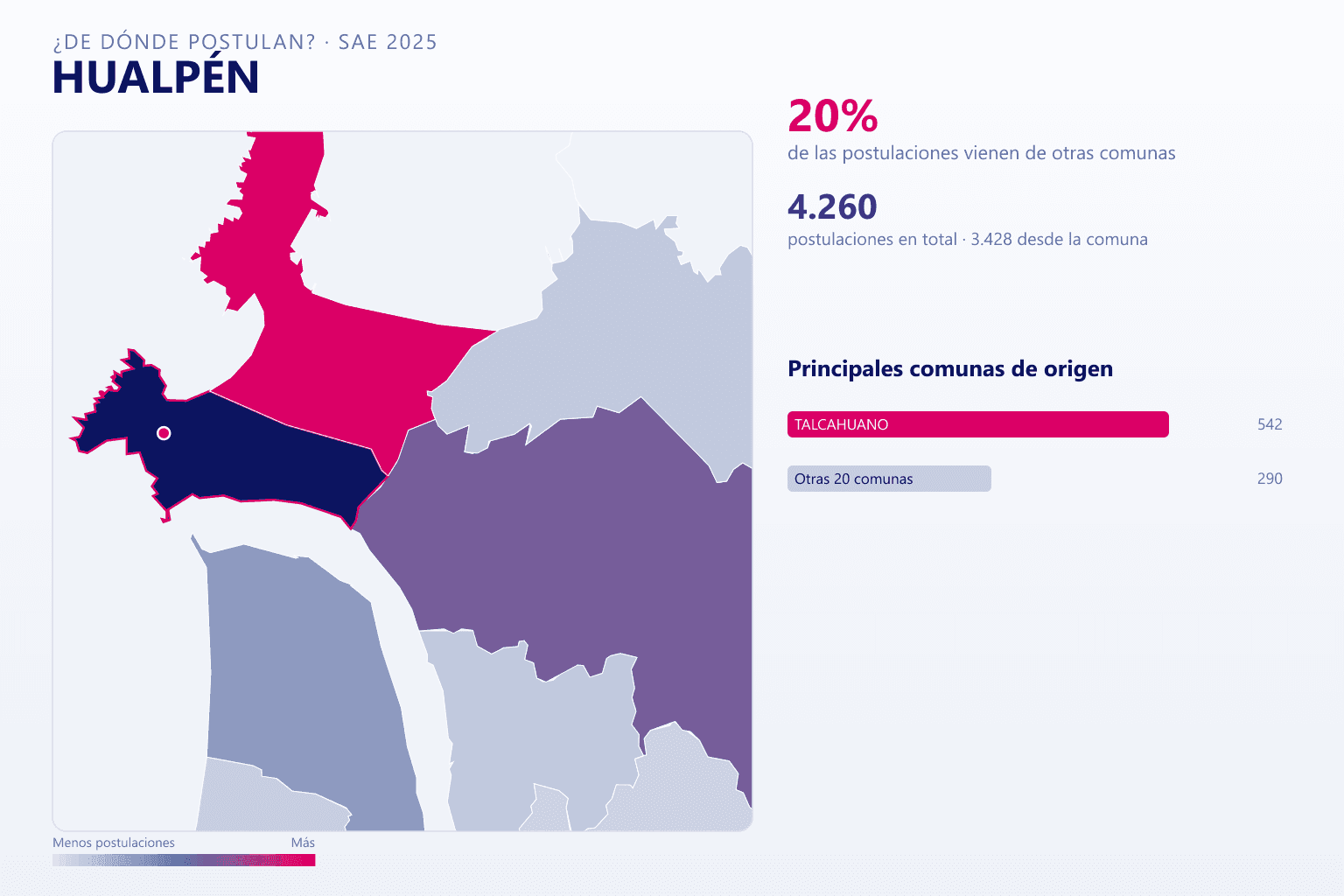 Mapa del origen de las postulaciones que llegan a los colegios de Hualpén en el SAE
