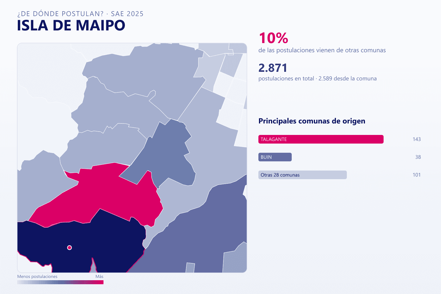 Mapa del origen de las postulaciones que llegan a Isla de Maipo en el SAE