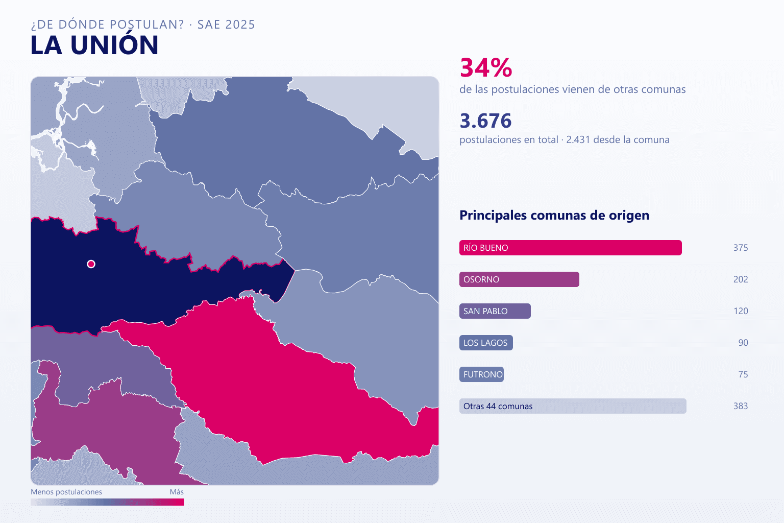 Mapa del origen de las postulaciones que llegan a los colegios de La Unión en el SAE