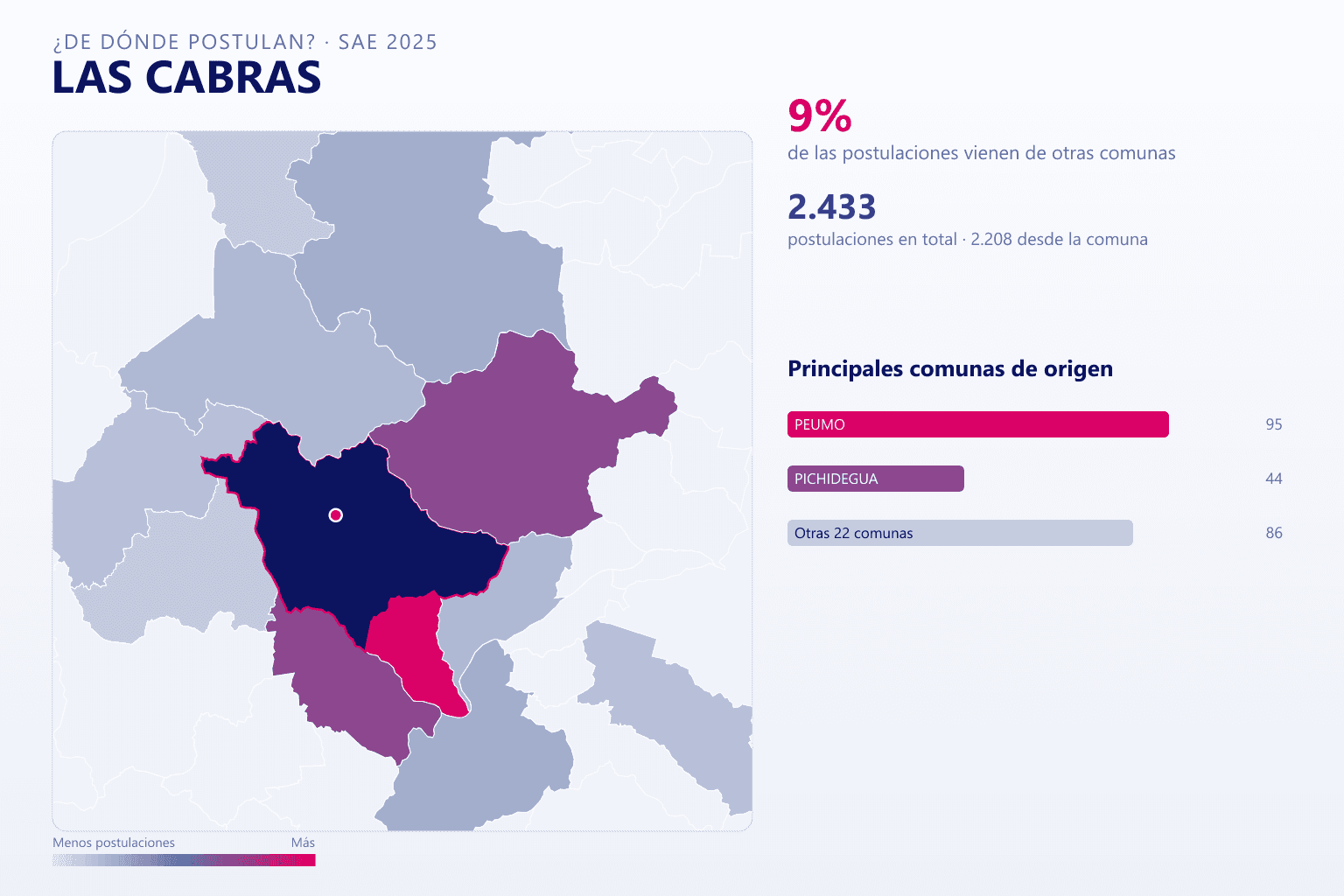 Mapa del origen de las postulaciones que llegan a Las Cabras en el SAE