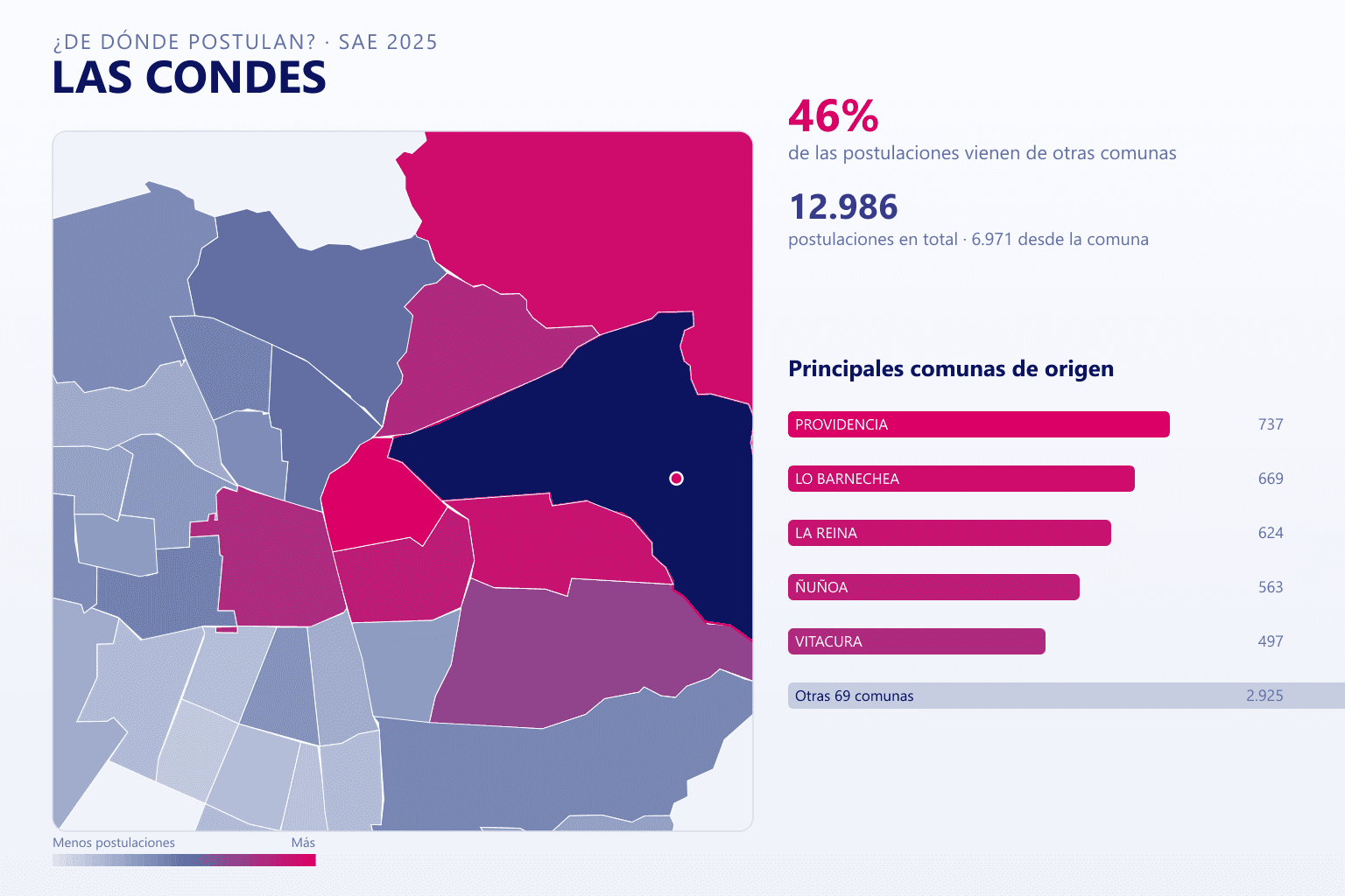 Mapa del origen de las postulaciones que llegan a los colegios de Las Condes en el SAE