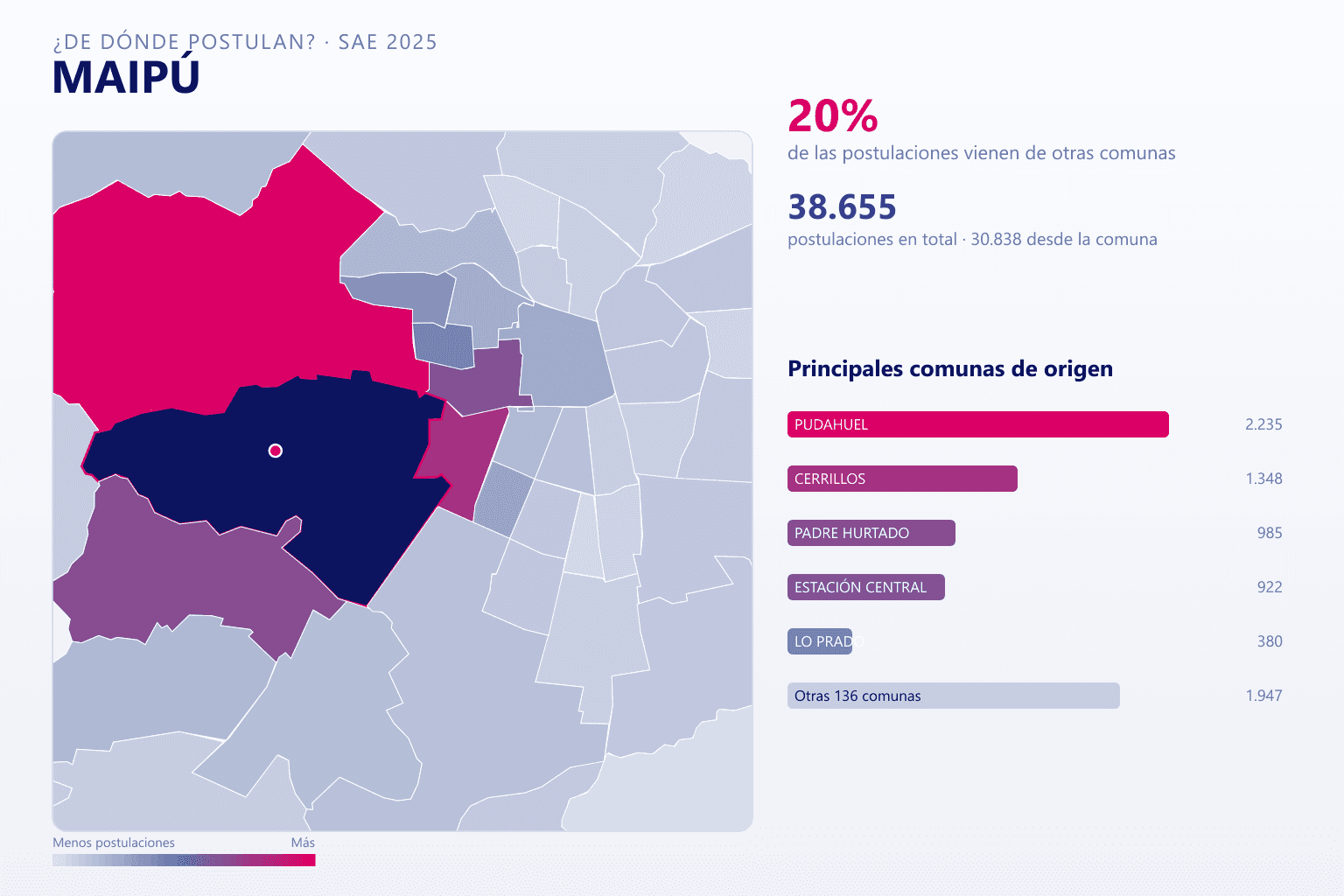 Mapa del origen de las postulaciones que llegan a los colegios de Maipú en el SAE