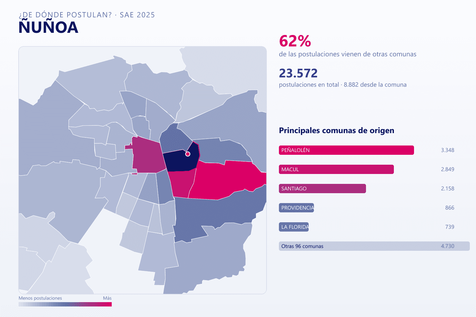 Mapa del origen de las postulaciones que llegan a Ñuñoa en el SAE