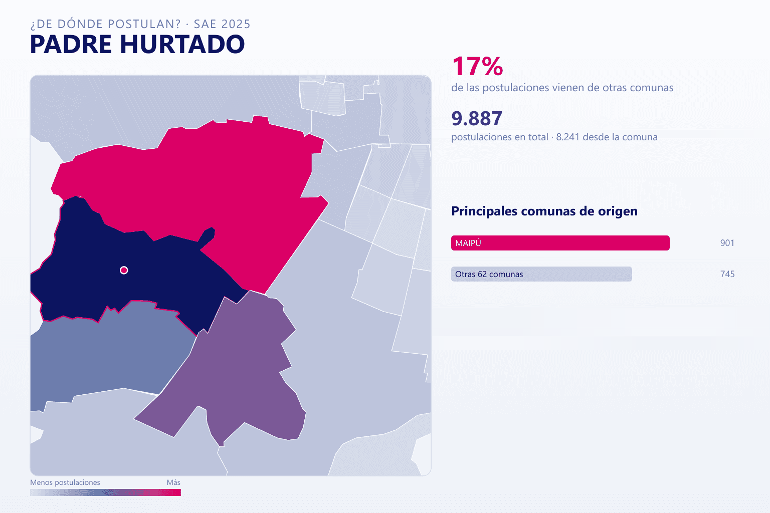 Mapa del origen de las postulaciones que llegan a Padre Hurtado en el SAE