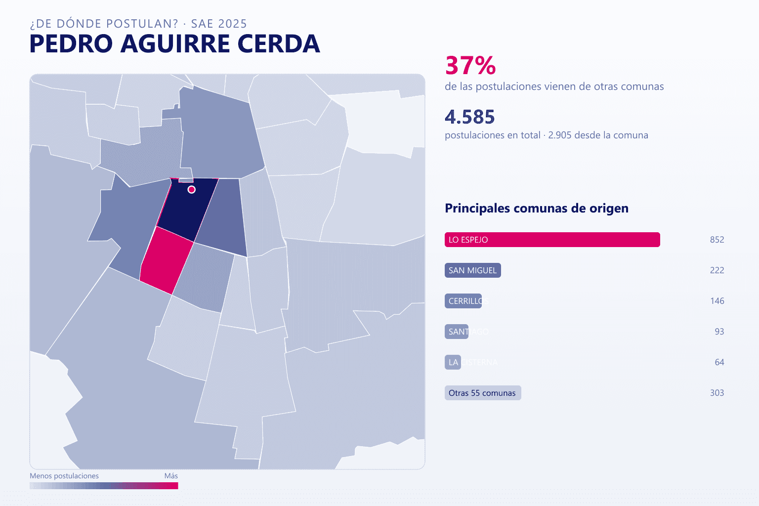 Mapa del origen de las postulaciones que llegan a los colegios de Pedro Aguirre Cerda en el SAE