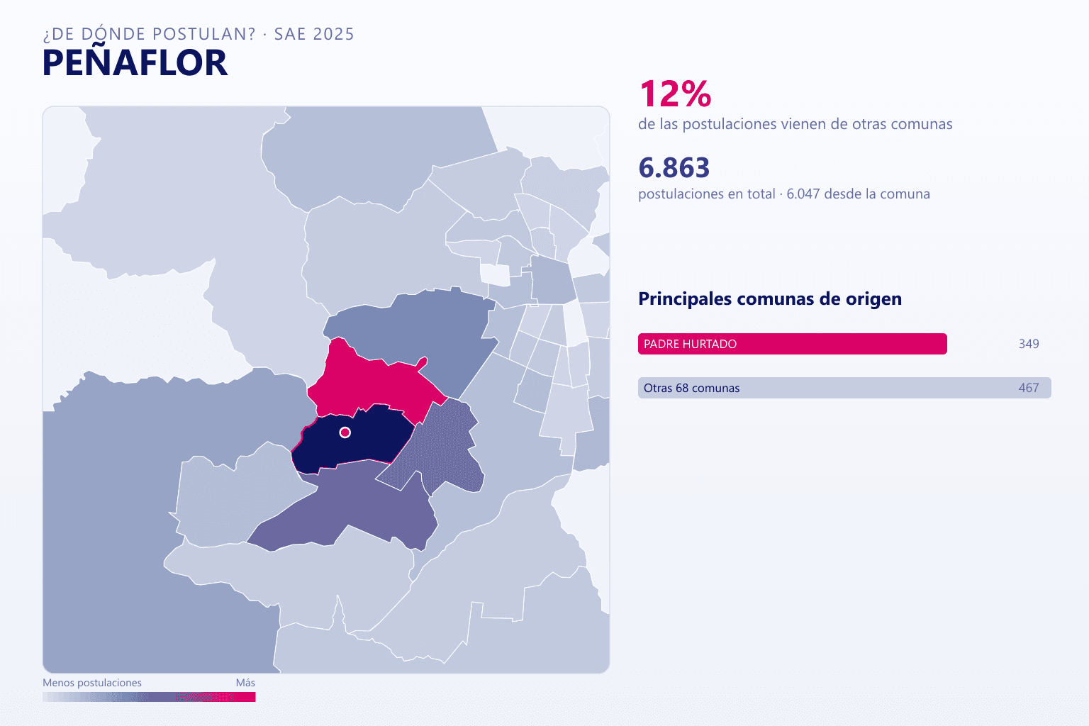 Mapa del origen de las postulaciones que llegan a Peñaflor en el SAE