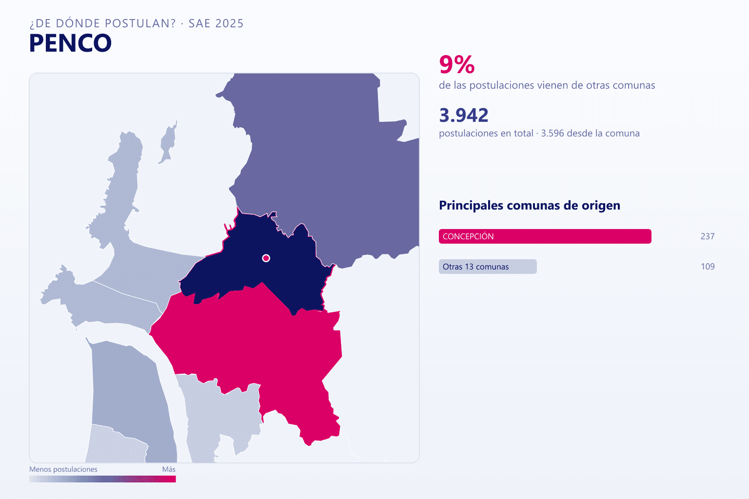 Mapa del origen de las postulaciones que llegan a los colegios de Penco en el SAE