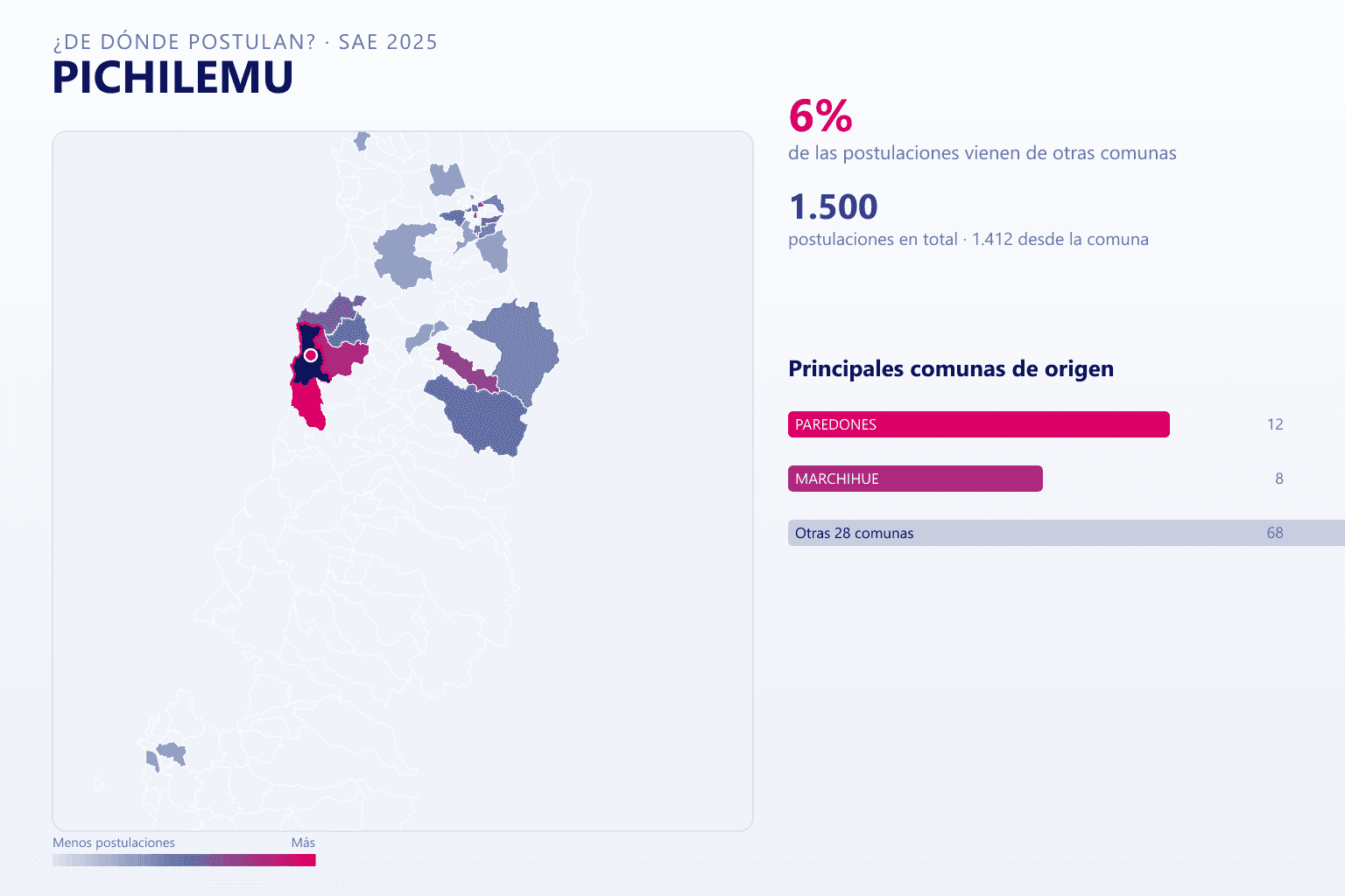 Mapa del origen de las postulaciones que llegan a Pichilemu en el SAE