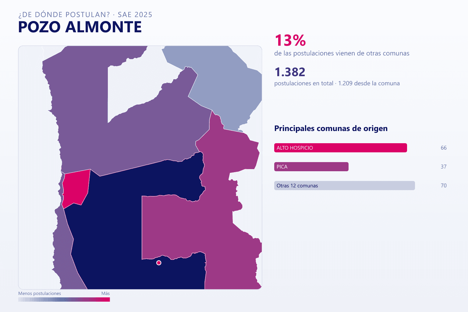 Mapa del origen de las postulaciones que llegan a los colegios de Pozo Almonte en el SAE