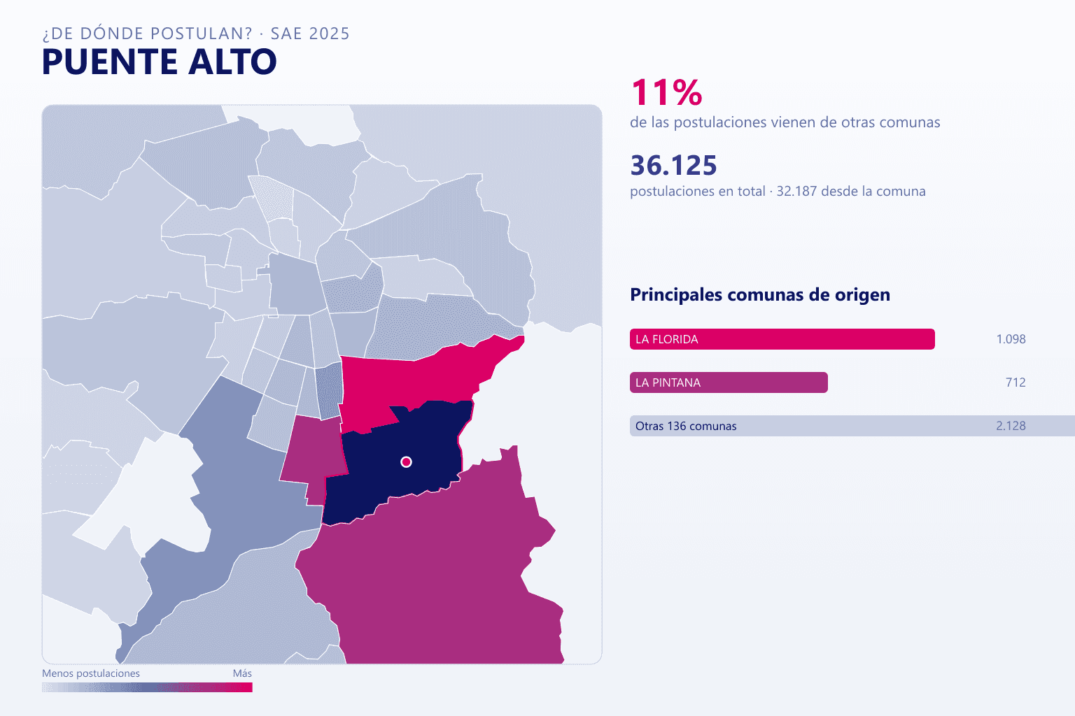 Mapa del origen de las postulaciones que llegan a los colegios de Puente Alto en el SAE