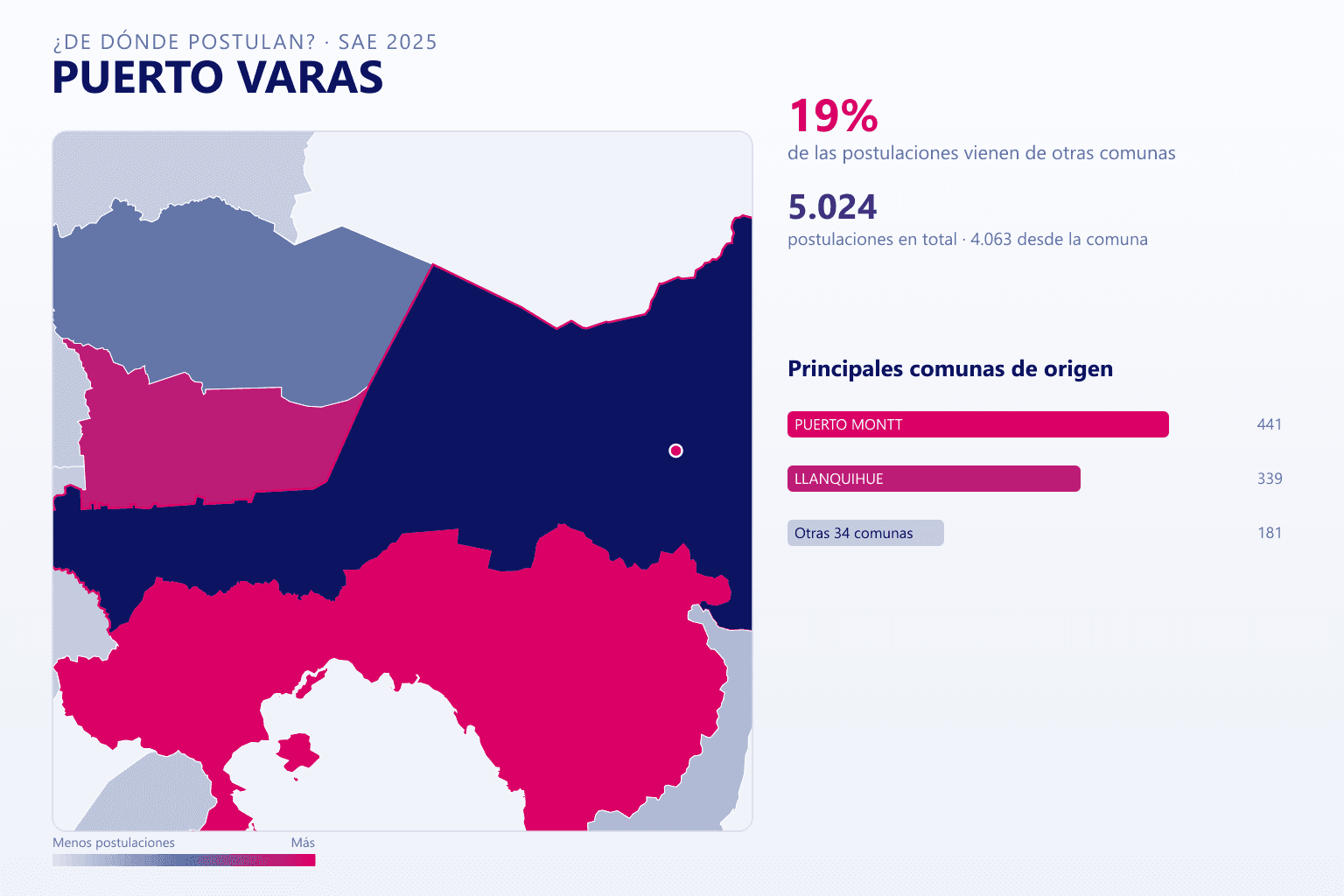 Mapa del origen de las postulaciones que llegan a Puerto Varas en el SAE
