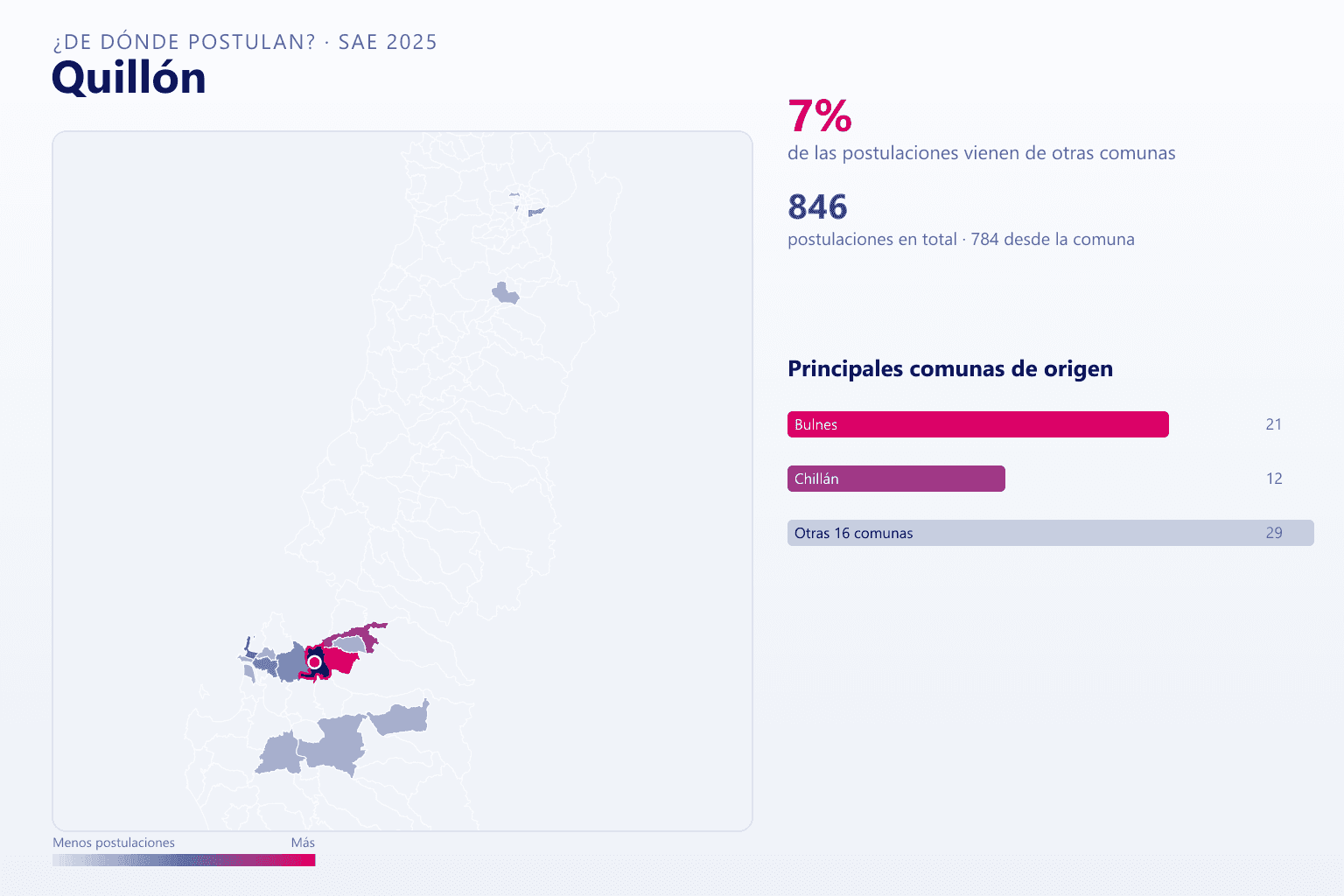 Mapa del origen de las postulaciones que llegan a los colegios de Quillón en el SAE