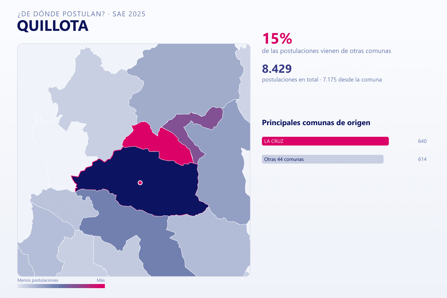 Mapa del origen de las postulaciones que llegan a los colegios de Quillota en el SAE