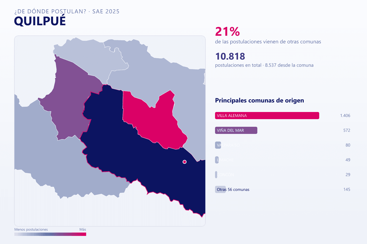 Mapa del origen de las postulaciones que llegan a los colegios de Quilpué en el SAE