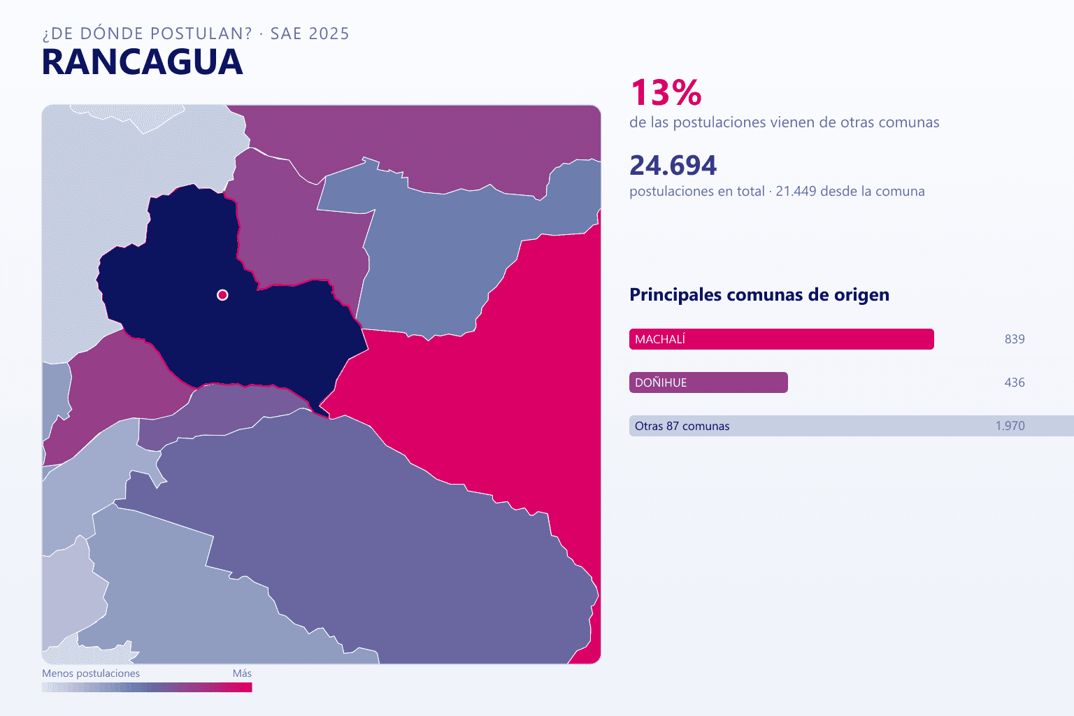 Mapa del origen de las postulaciones que llegan a los colegios de Rancagua en el SAE