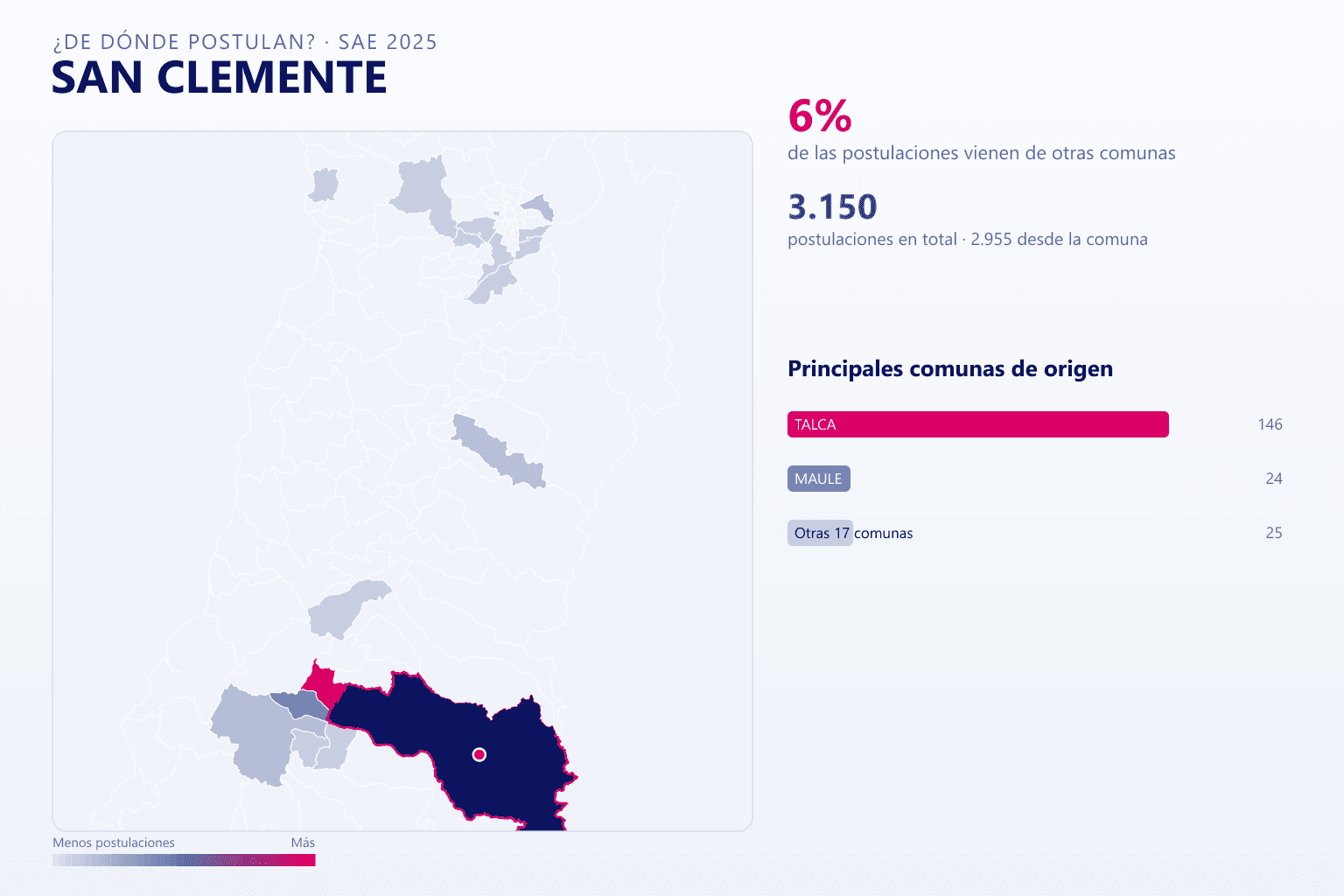 Mapa del origen de las postulaciones que llegan a San Clemente en el SAE