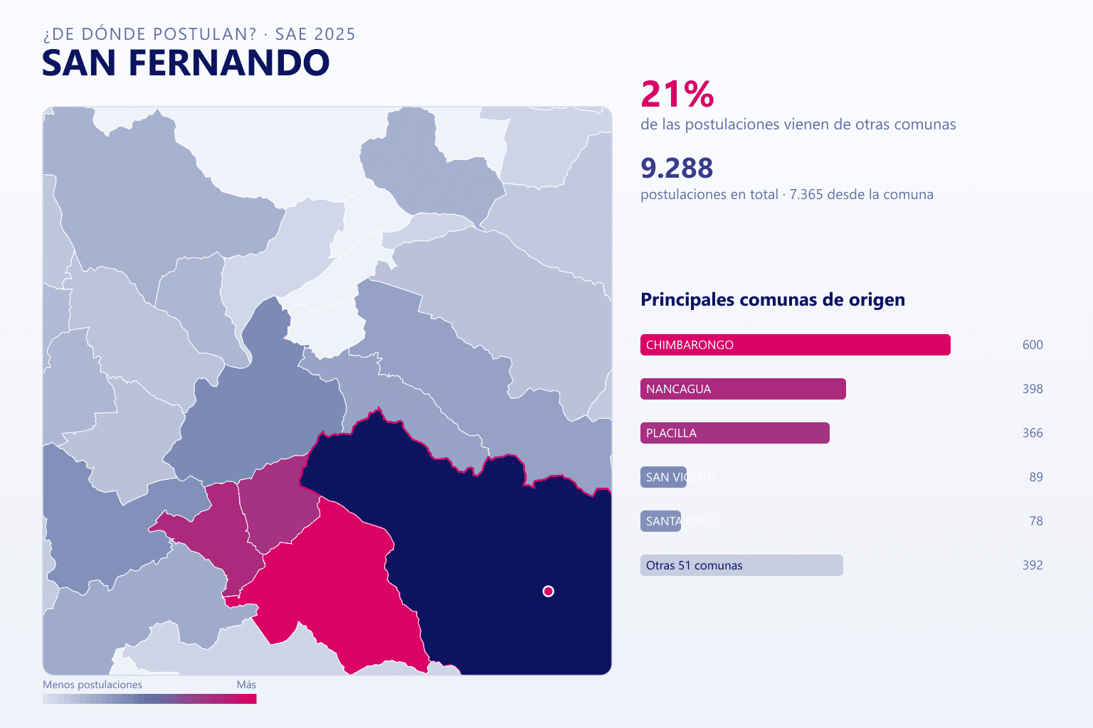 Mapa del origen de las postulaciones que llegan a los colegios de San Fernando en el SAE