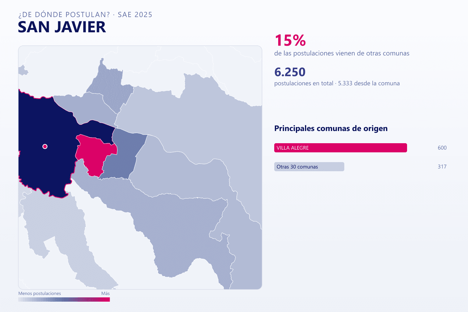 Mapa del origen de las postulaciones que llegan a San Javier en el SAE