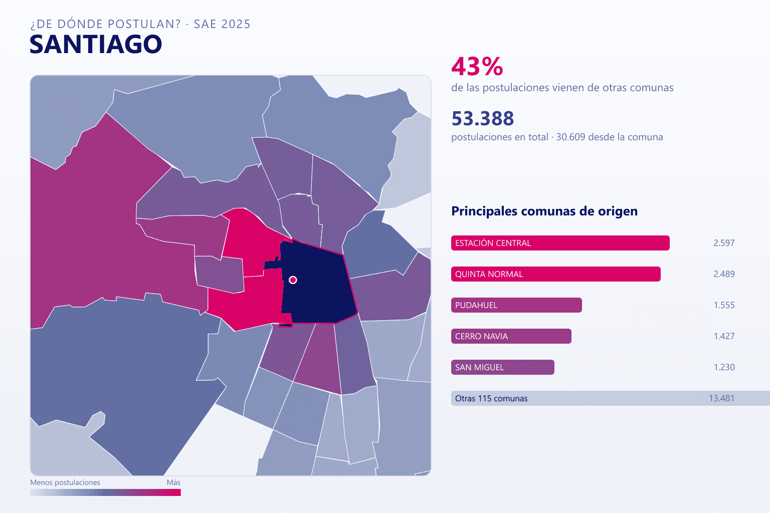 Mapa del origen de las postulaciones que llegan a los colegios de Santiago en el SAE