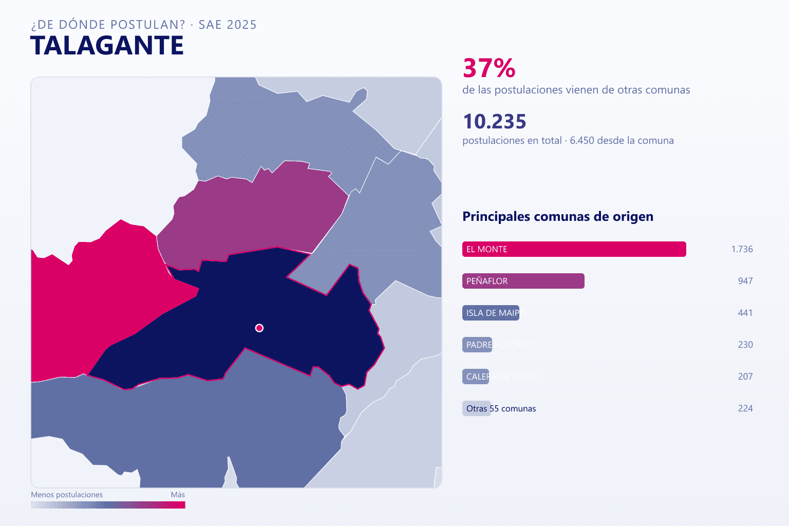 Mapa del origen de las postulaciones que llegan a Talagante en el SAE