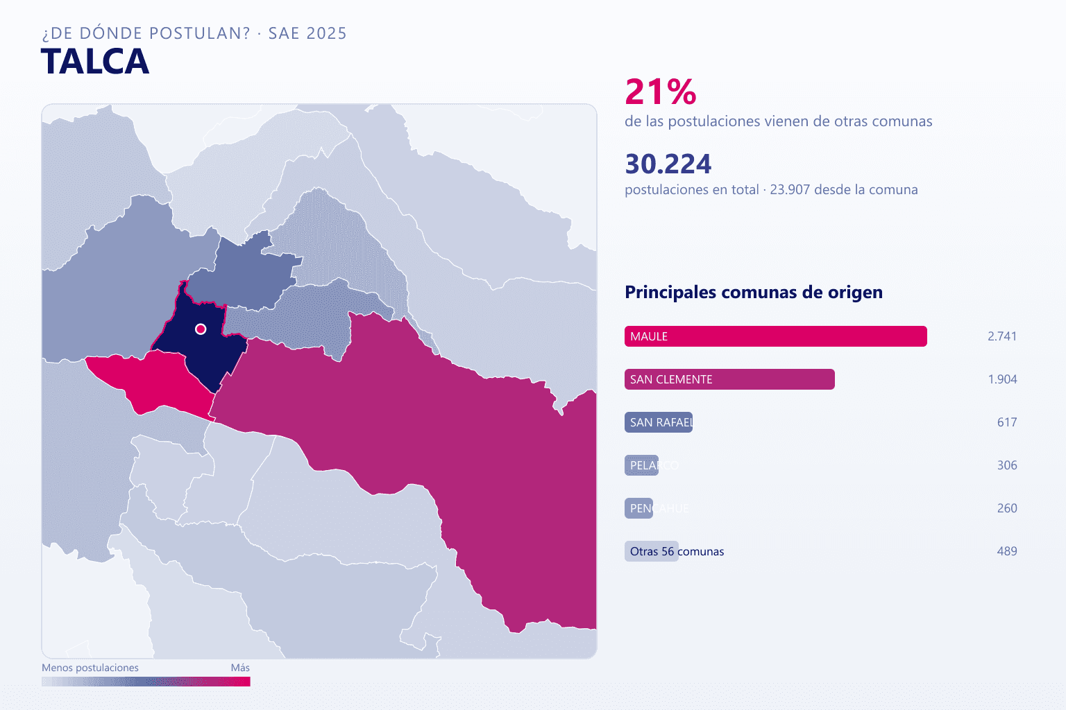 Mapa del origen de las postulaciones que llegan a los colegios de Talca en el SAE