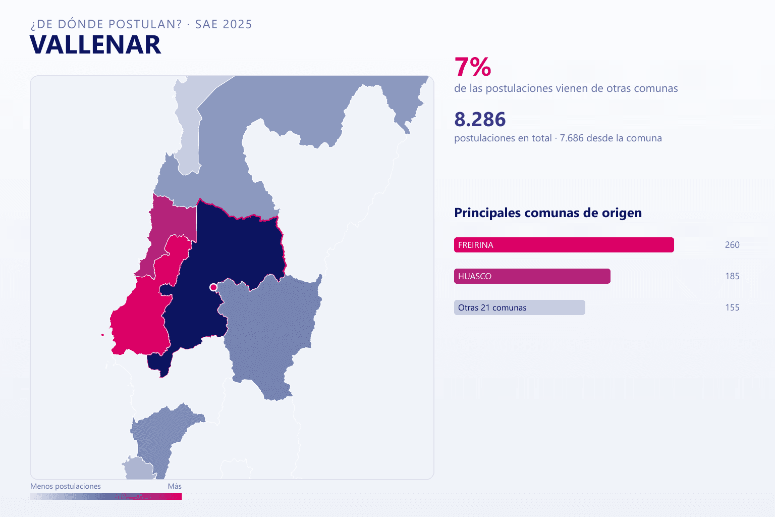 Mapa del origen de las postulaciones que llegan a los colegios de Vallenar en el SAE