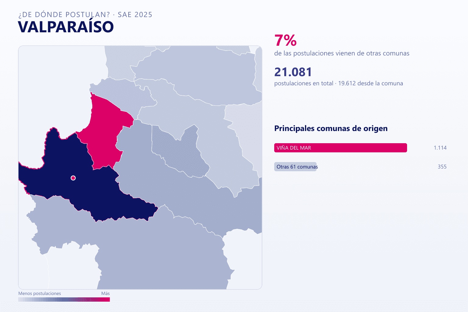 Mapa del origen de las postulaciones que llegan a los colegios de Valparaíso en el SAE