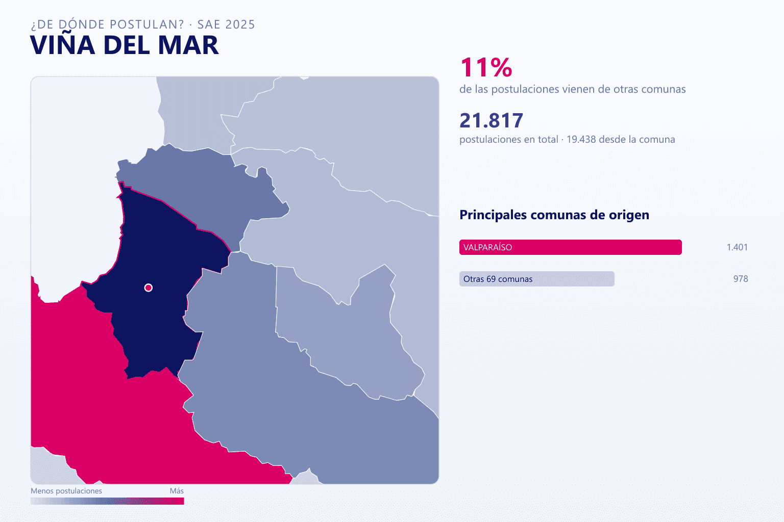 Mapa del origen de las postulaciones que llegan a los colegios de Viña del Mar en el SAE
