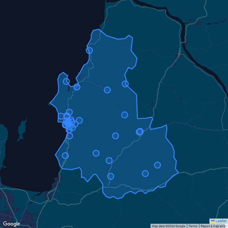 Mapa de la comuna de Tome mostrando los establecimientos educacionales participantes en el Sistema de Admisión Escolar (SAE)